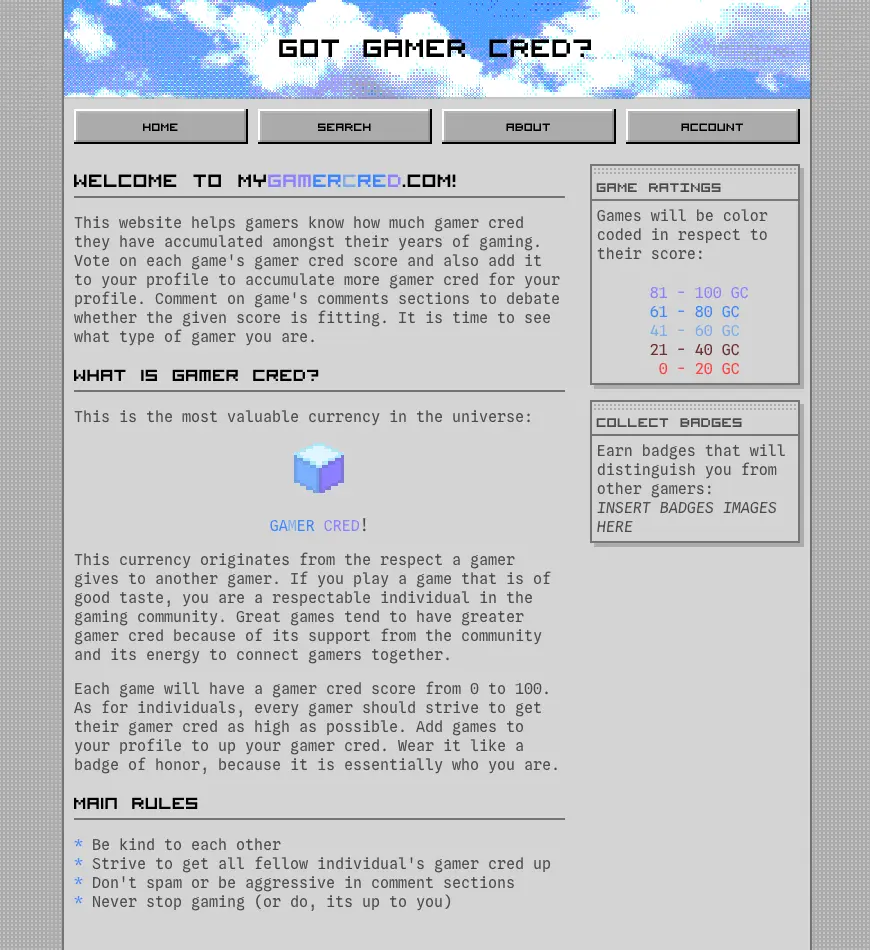 This is a screenshot of Gamer Cred Website
